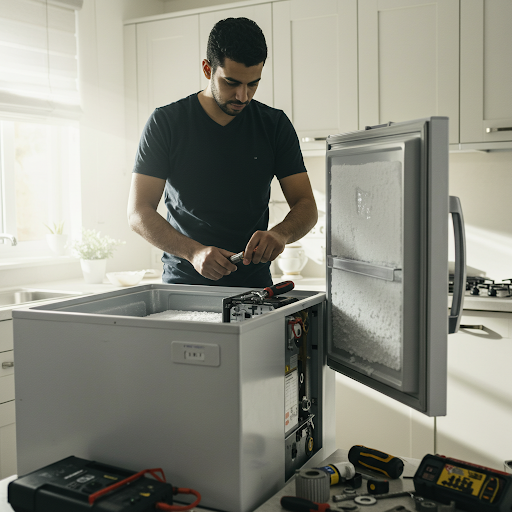 فني صيانة ديب فريزر فريجيدير المُعتمد يُجري إصلاحًا باستخدام قطع غيار أصلية وأدوات متخصصة، مع ظهور رقم الخط الساخن فريجيدير 19224 لطلب خدمة صيانة فورية في جميع أنحاء مصر.