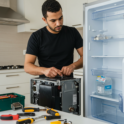 فني صيانة ثلاجات فريجيدير المُعتمد يُجري إصلاحًا لثلاجة باستخدام قطع غيار أصلية وأدوات احترافية، مع ظهور رقم الخط الساخن فريجيدير 19224 لطلب خدمة صيانة سريعة وآمنة في جميع أنحاء مصر.