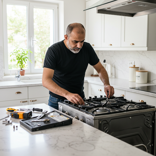 فني صيانة بوتاجازات فريجيدير المُعتمد يُصلح عطلًا باستخدام قطع غيار أصلية، مع ظهور رقم الخط الساخن فريجيدير 19224 لطلب خدمة صيانة سريعة وآمنة في مصر.