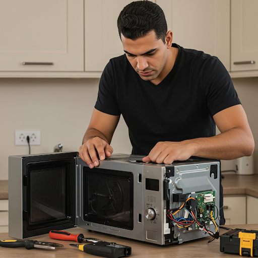 فني صيانة ميكروويف فريجيدير المُعتمد يُجري إصلاحًا دقيقًا باستخدام قطع غيار أصلية وأدوات احترافية، مع ظهور رقم الخط الساخن فريجيدير 19224 لطلب خدمة صيانة سريعة وآمنة في جميع أنحاء مصر.