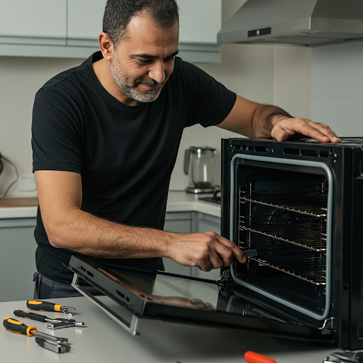 فني صيانة افران فريجيدير المُعتمد يُجري إصلاحًا لفرن مطبخي باستخدام قطع غيار أصلية، مع ظهور رقم الخط الساخن فريجيدير 19224 لطلب خدمة صيانة فورية في جميع أنحاء مصر.