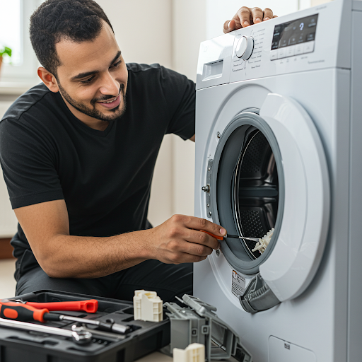 فني صيانة غسالات فريجيدير المُعتمد يُجري إصلاحًا دقيقًا باستخدام قطع غيار أصلية، مع ظهور رقم الخط الساخن فريجيدير 19224 لطلب خدمة سريعة في مصر.